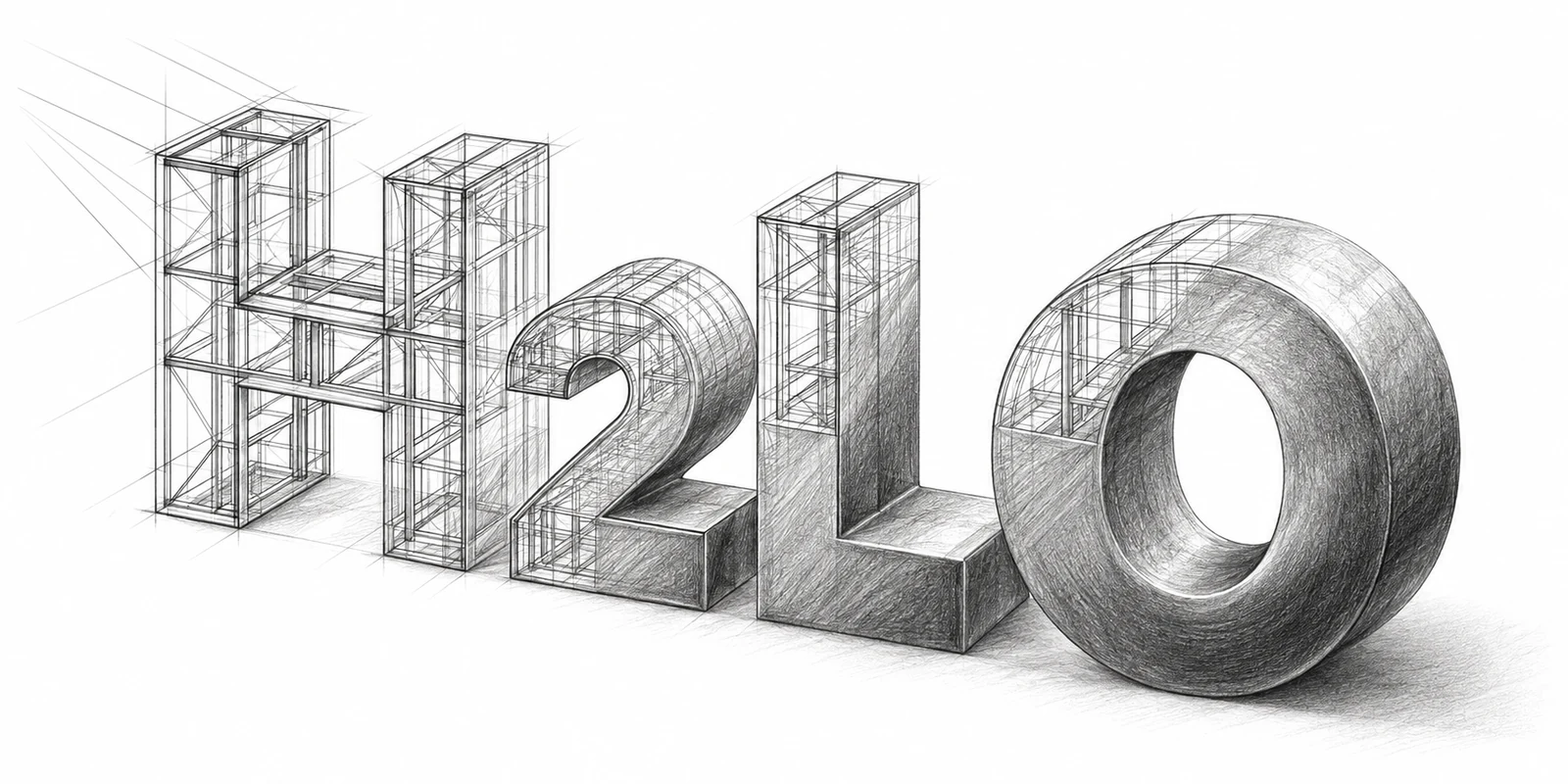 H2LO — a three-dimensional wireframe gradually becoming a detailed pencil drawing.